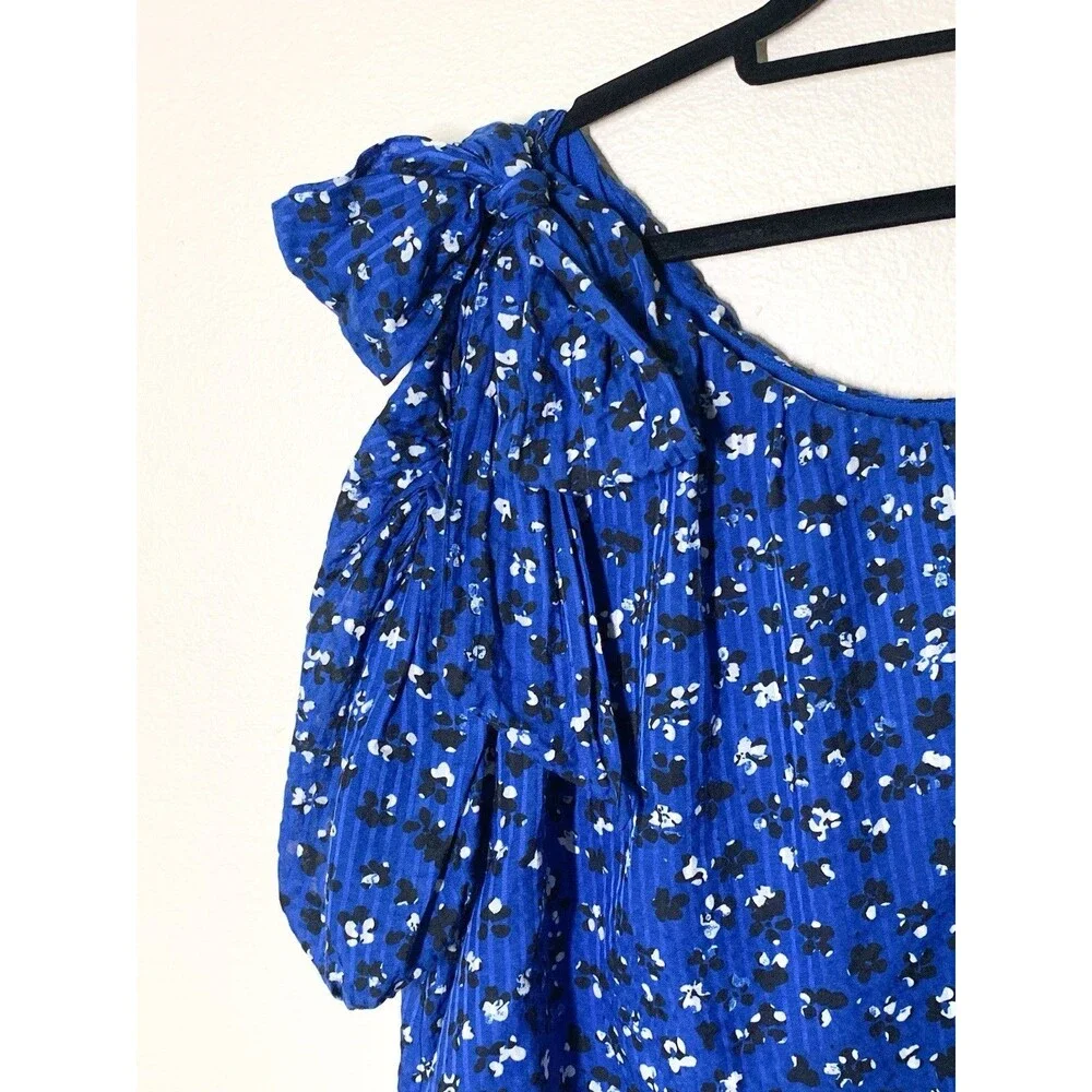 Ulla Johnson Femi Top 8 Silk Cotton Blend Blue Floral One Shoulder Puff Sleeves